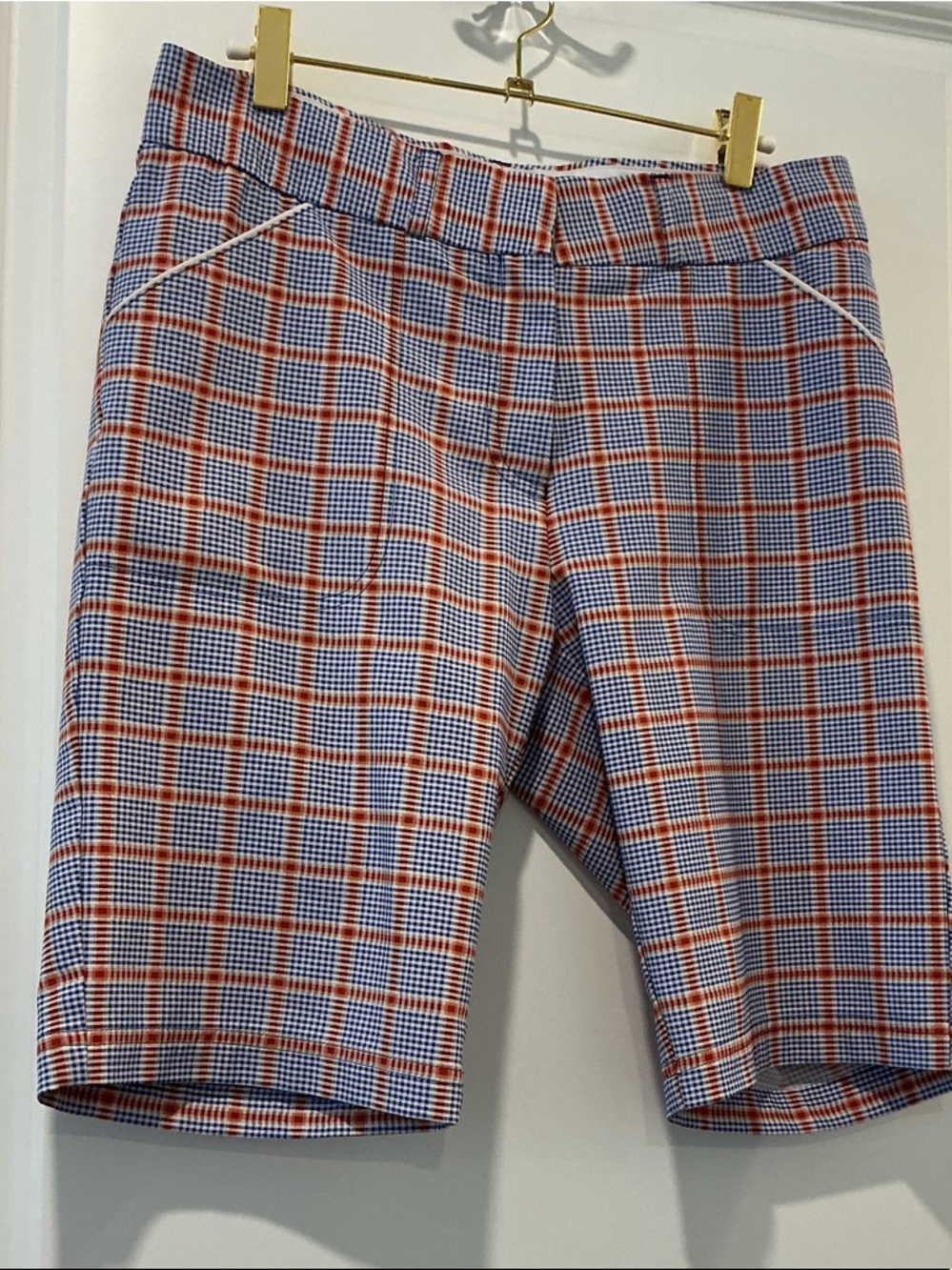 Peter Millar Women's Flat Front Golf Shorts in Blue & Orange Plaid